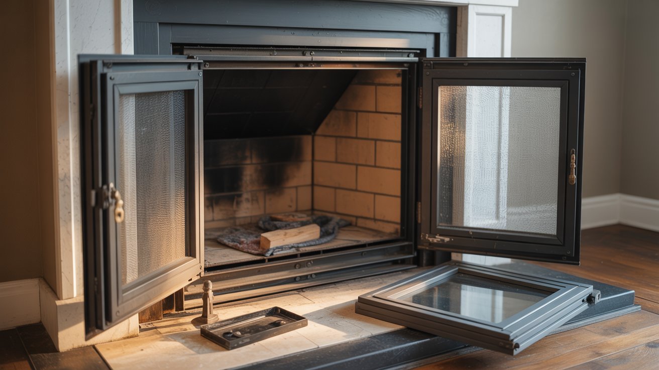 "Close-up of fireplace glass door being carefully lifted off hinges with protective padding used for safe removal."