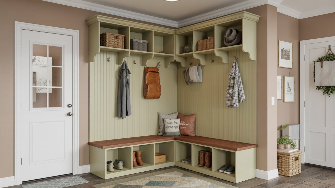 Corner DIY mudroom bench with storage for small spaces