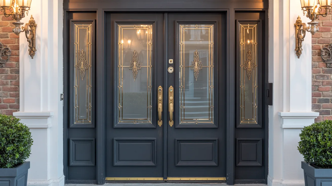 Frosted glass entry door with gold accents creating a rich and elegant entrance design.