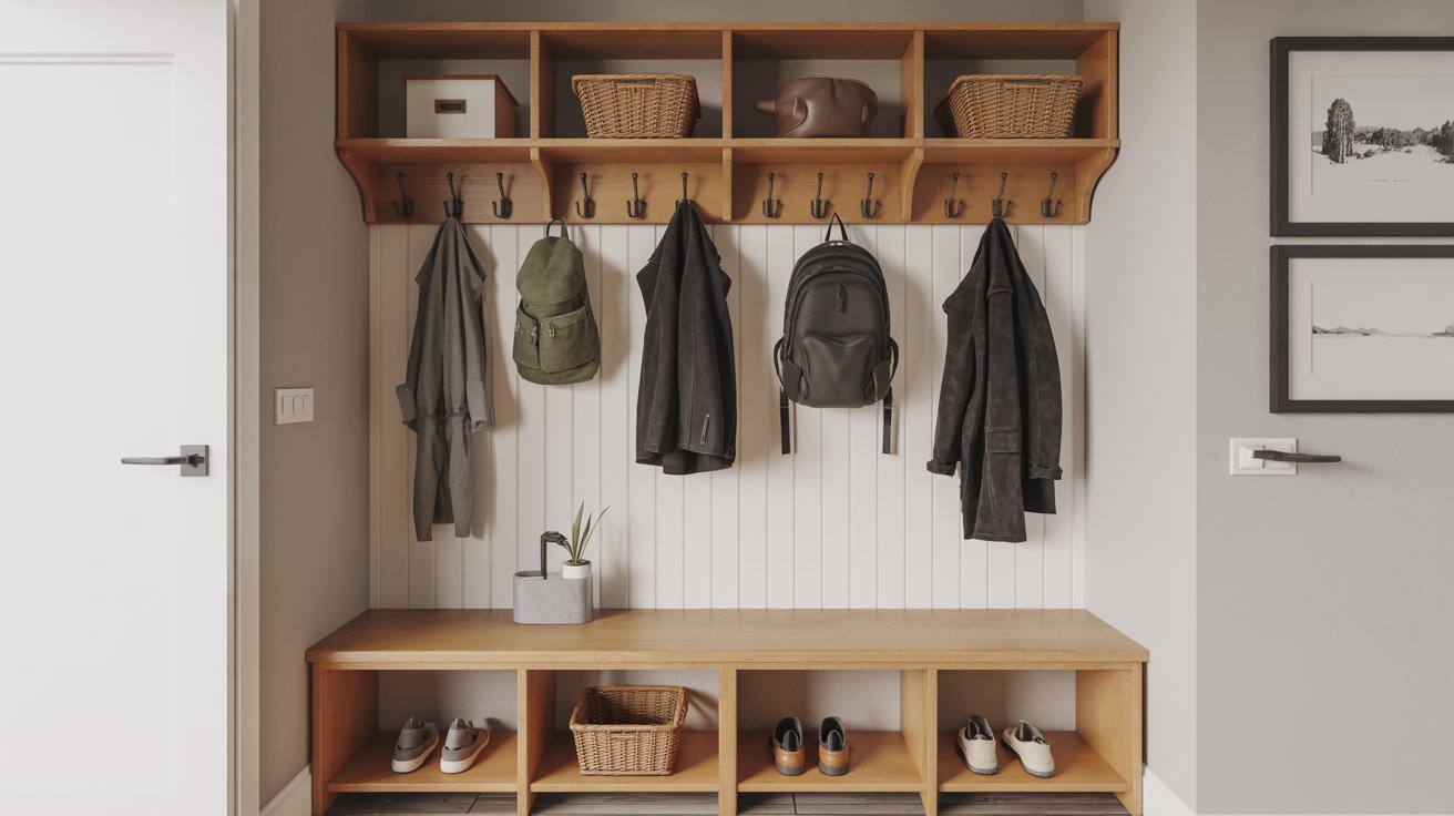 Mudroom bench with coat hooks and entryway storage