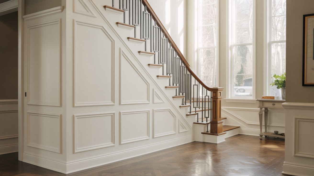 Board and batten paneling extending along staircase walls for a cohesive entryway.