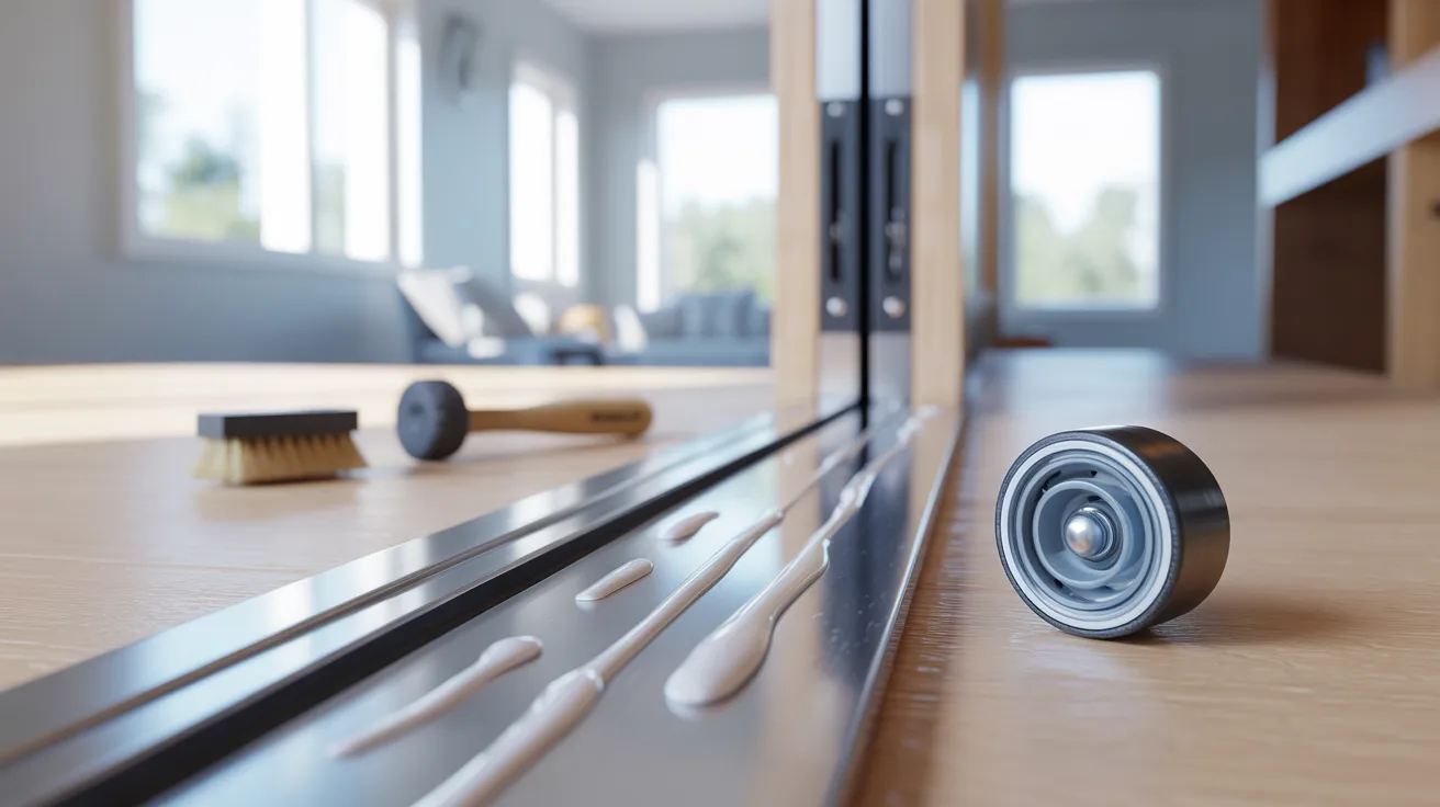Realistic sliding door maintenance showing clean lubricated track, roller upgrade comparison, and organized DIY repair setup.