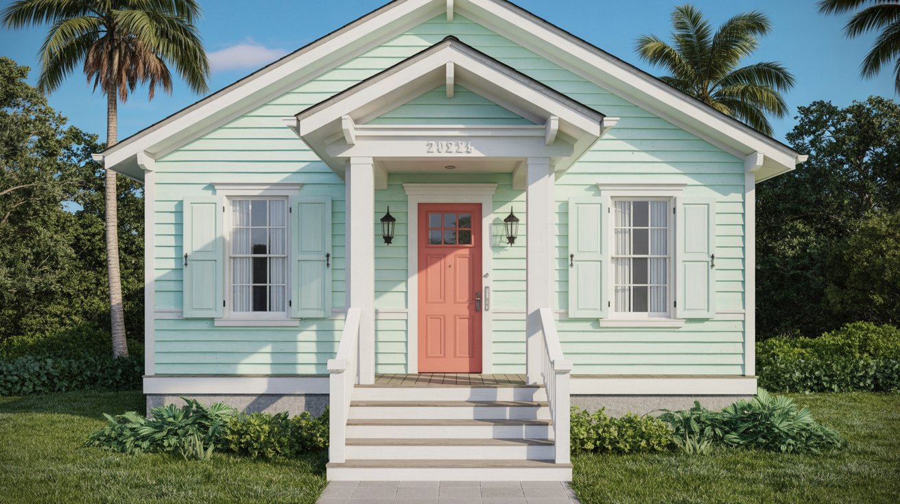 Light blue house featuring a vibrant coral front door.