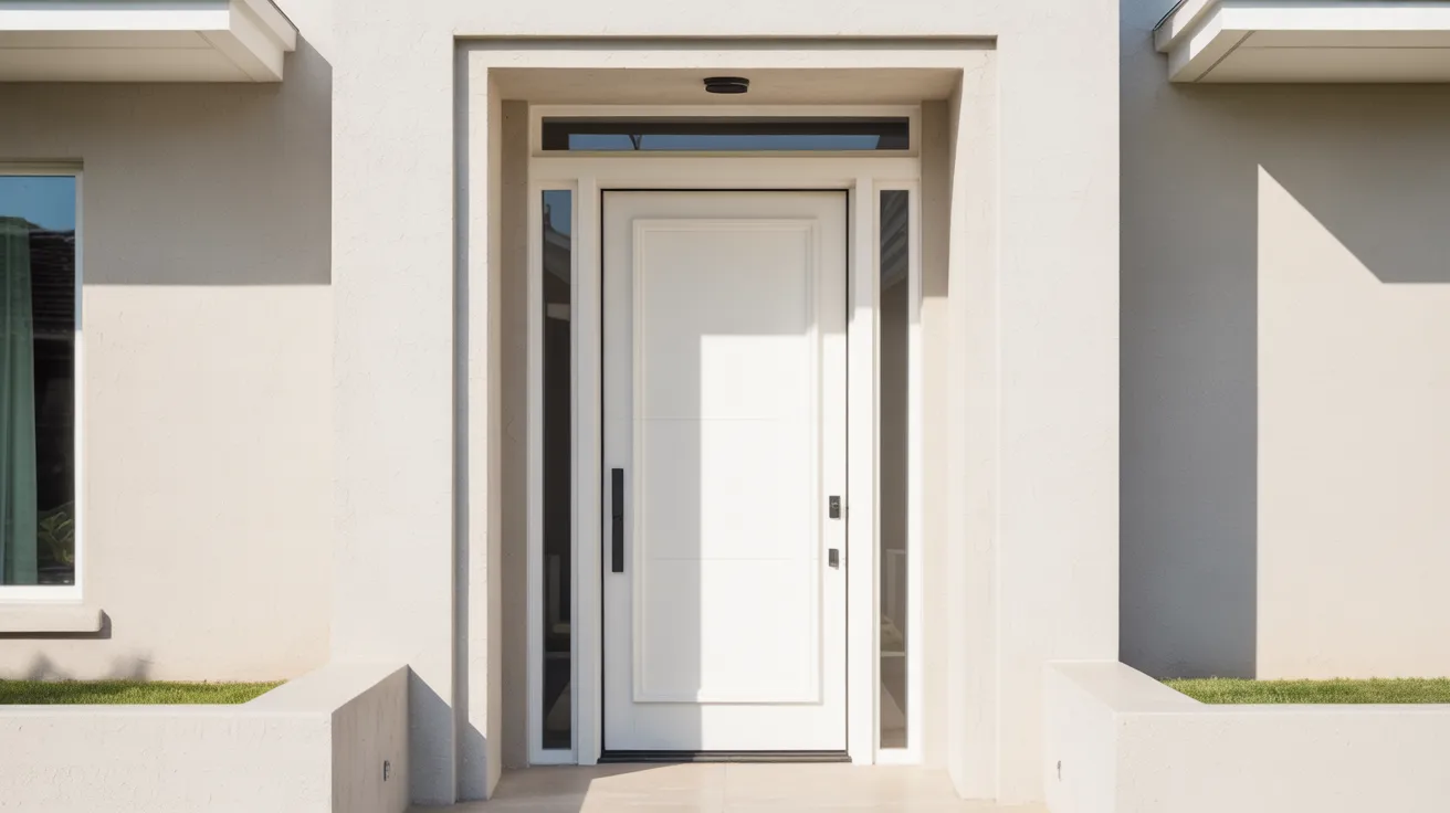 Realistic white front door representing simplicity, cleanliness, and fresh modern home style.