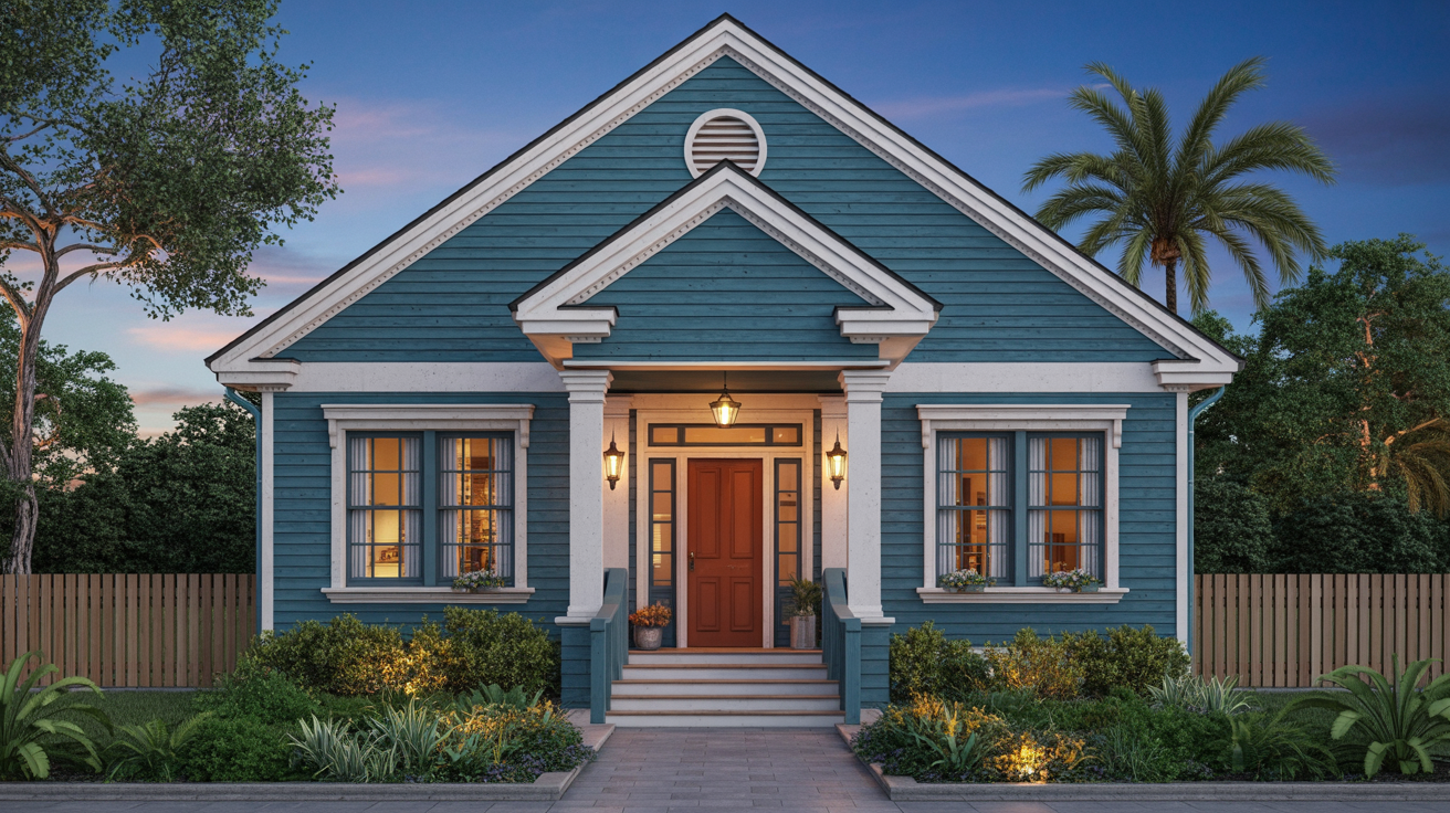 Blue house featuring a bold burnt orange front door.
