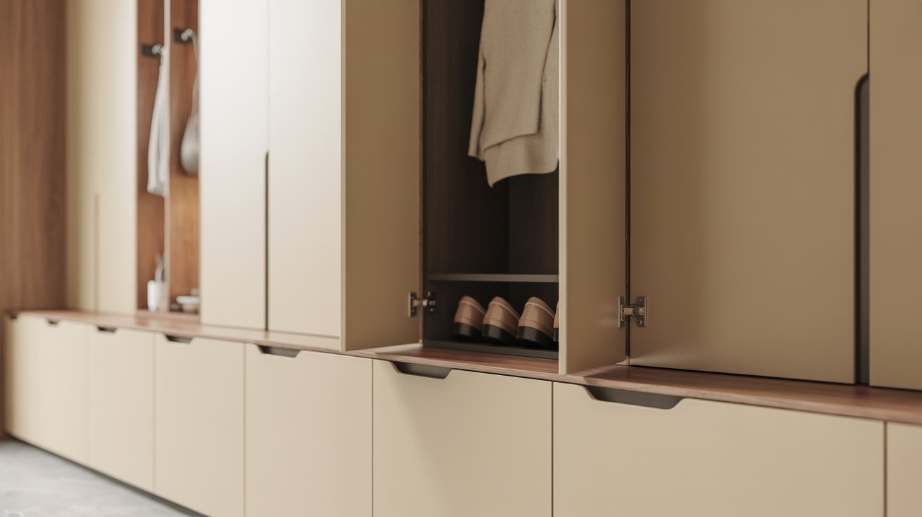 "Modern minimalist mudroom with sleek hidden storage, light wood accents, and clean organized entryway design."