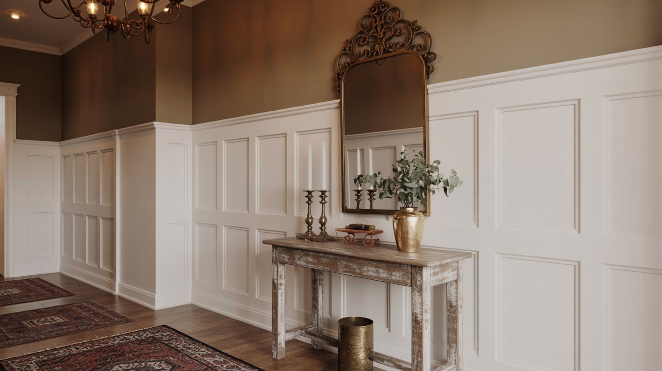 Board and batten entryway styled with vintage decor, antique mirror, and wood furniture.