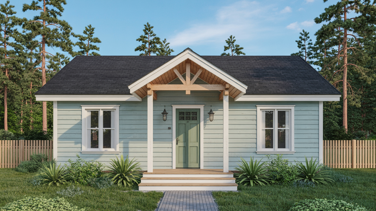 Blue home featuring a soft sage green front door.