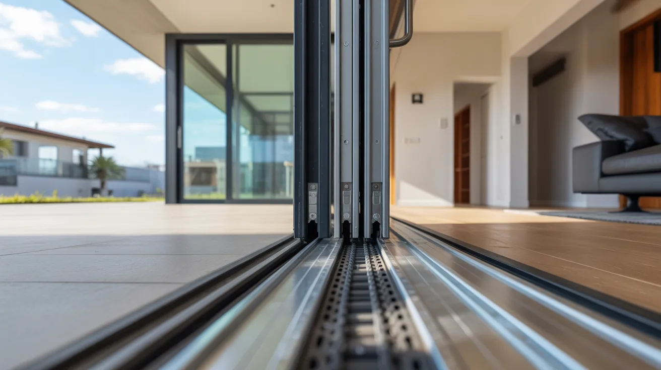 Realistic full sliding door smoothly gliding on clean aligned track after repair and adjustment.