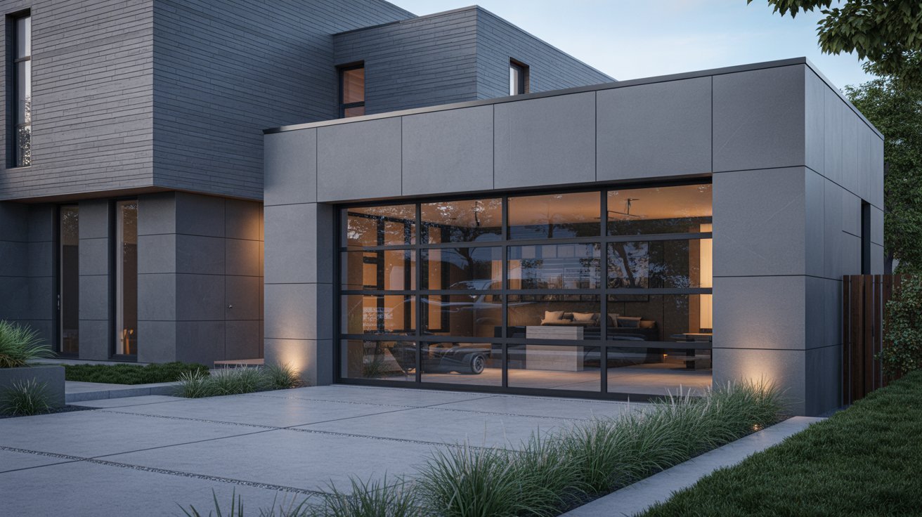 Modern grey house with black framed glass garage doors.
