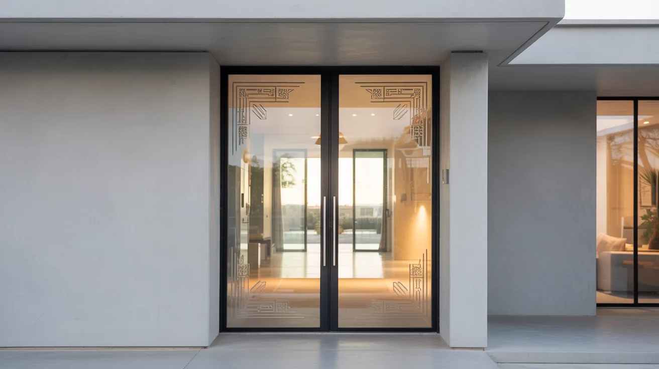 Clear glass entry door with subtle corner etching that lightly frames the entrance.