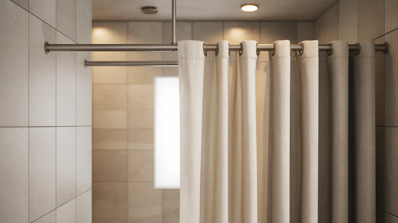 Realistic walk-in shower curtain design showing premium fabric styles and modern bathroom aesthetic upgrade.