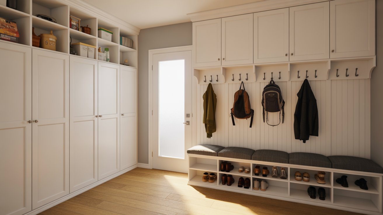 Built-in cabinets and hooks inside a mudroom.