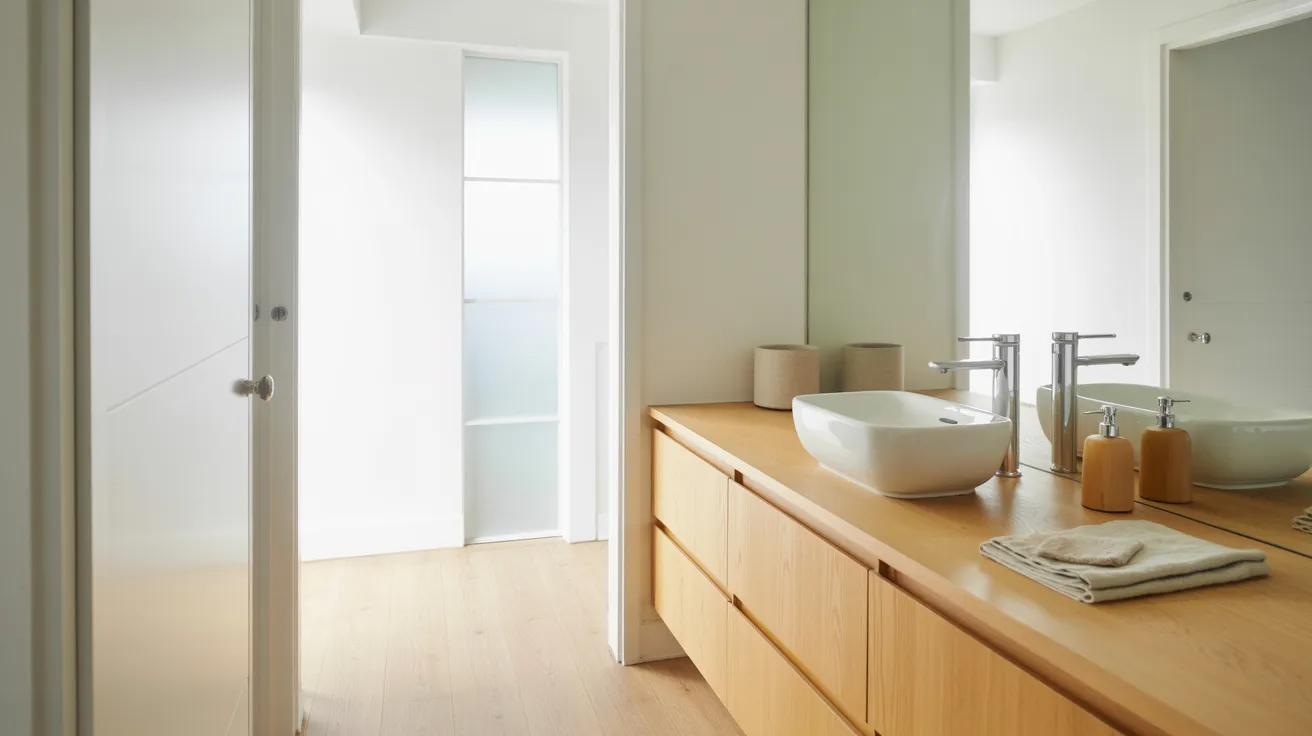 Scandinavian hallway bathroom with light wood, neutral tones, and calm minimal style.