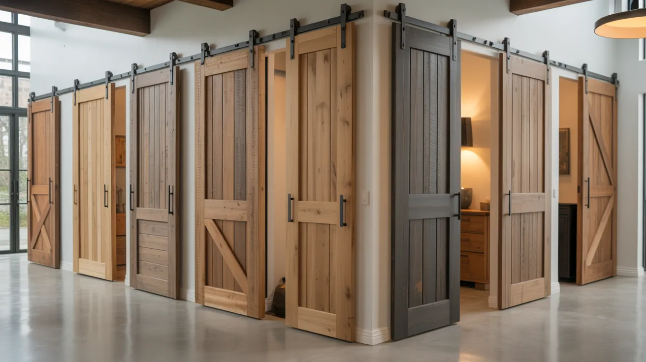 Different standard barn door sizes displayed in a modern home interior