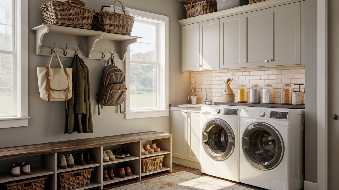 "Laundry room mudroom combo with washer, storage cabinets, wall hooks, and organized entryway seating."