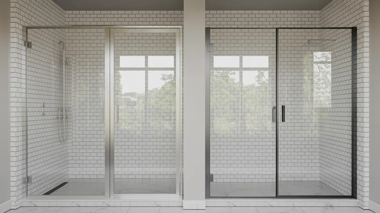 Side-by-side framed and frameless shower doors installed in modern bathrooms showing structural and design differences.