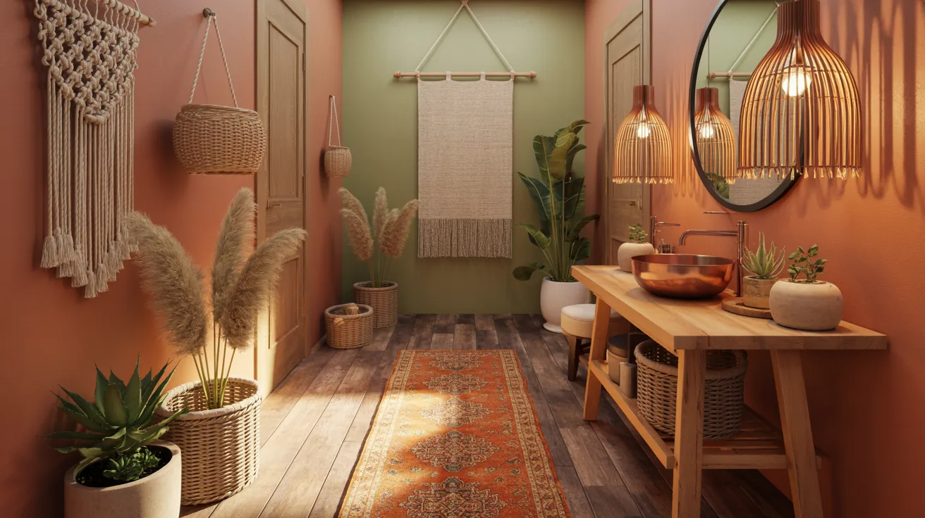 Boho hallway bathroom with earthy decor, textures, and warm relaxed style.