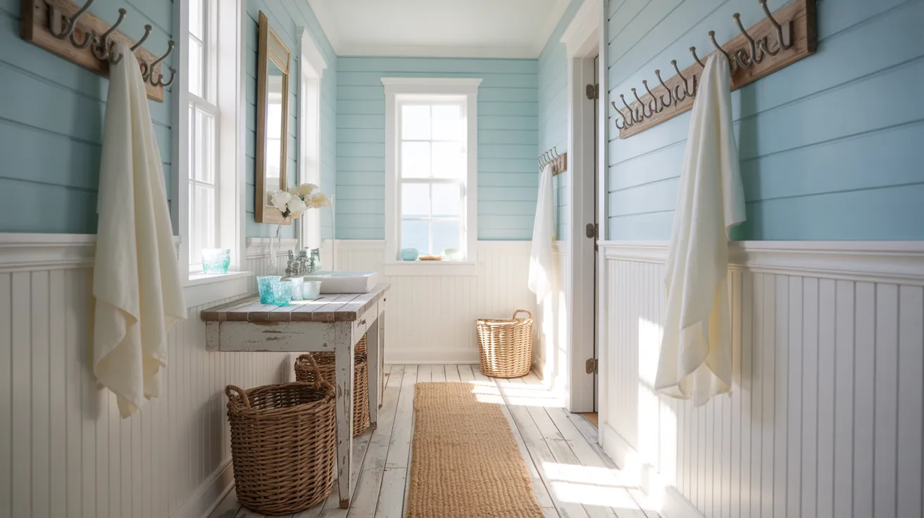 Coastal hallway bathroom with blue-white tones, natural textures, and bright airy feel.