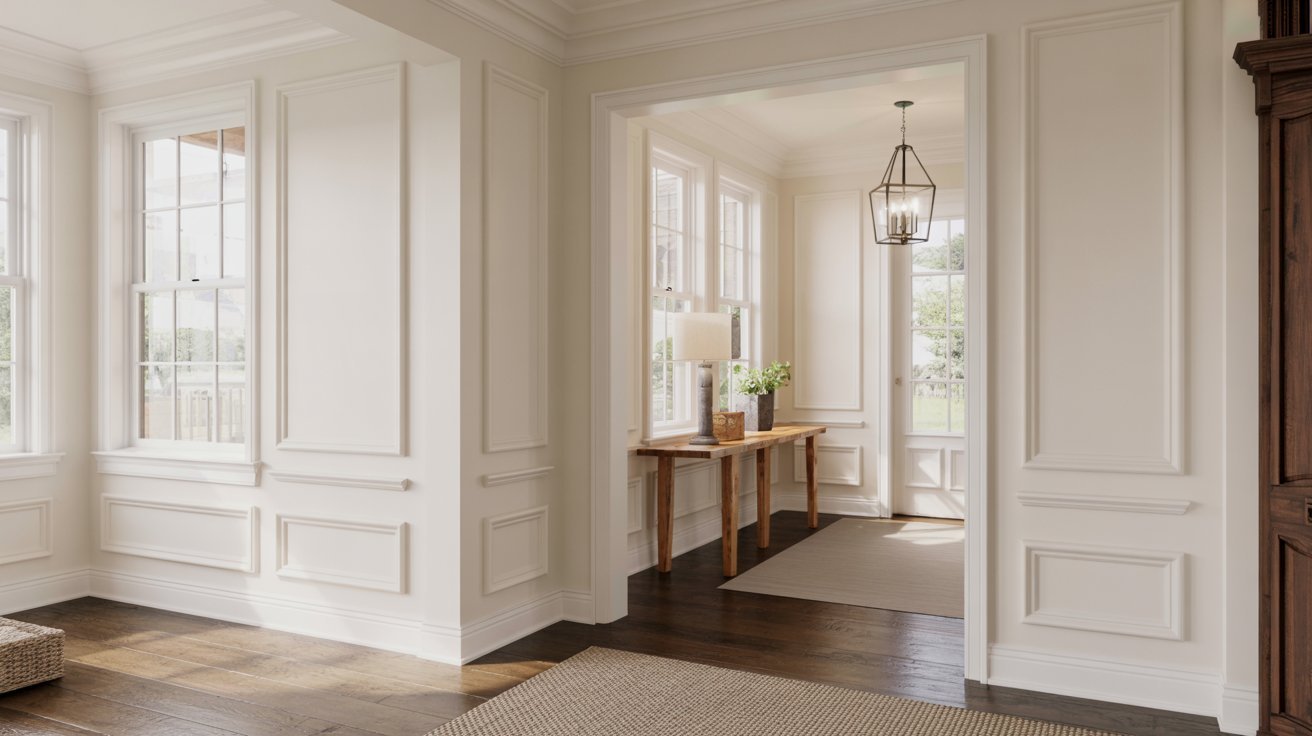 Classic white board and batten entryway with bright walls, wood floors, and neutral decor.