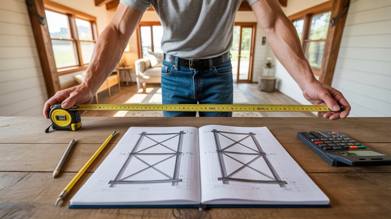 Measuring wide doorway and planning dimensions for matching double barn doors.