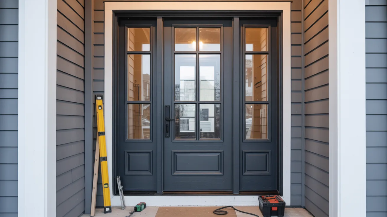 Realistic exterior home showing newly replaced front door with clean frame and professional installation finish detail.