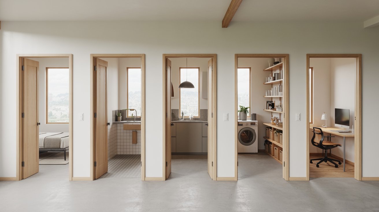Interior home layout showing different room doors with varied widths and functional design context visualized clearly