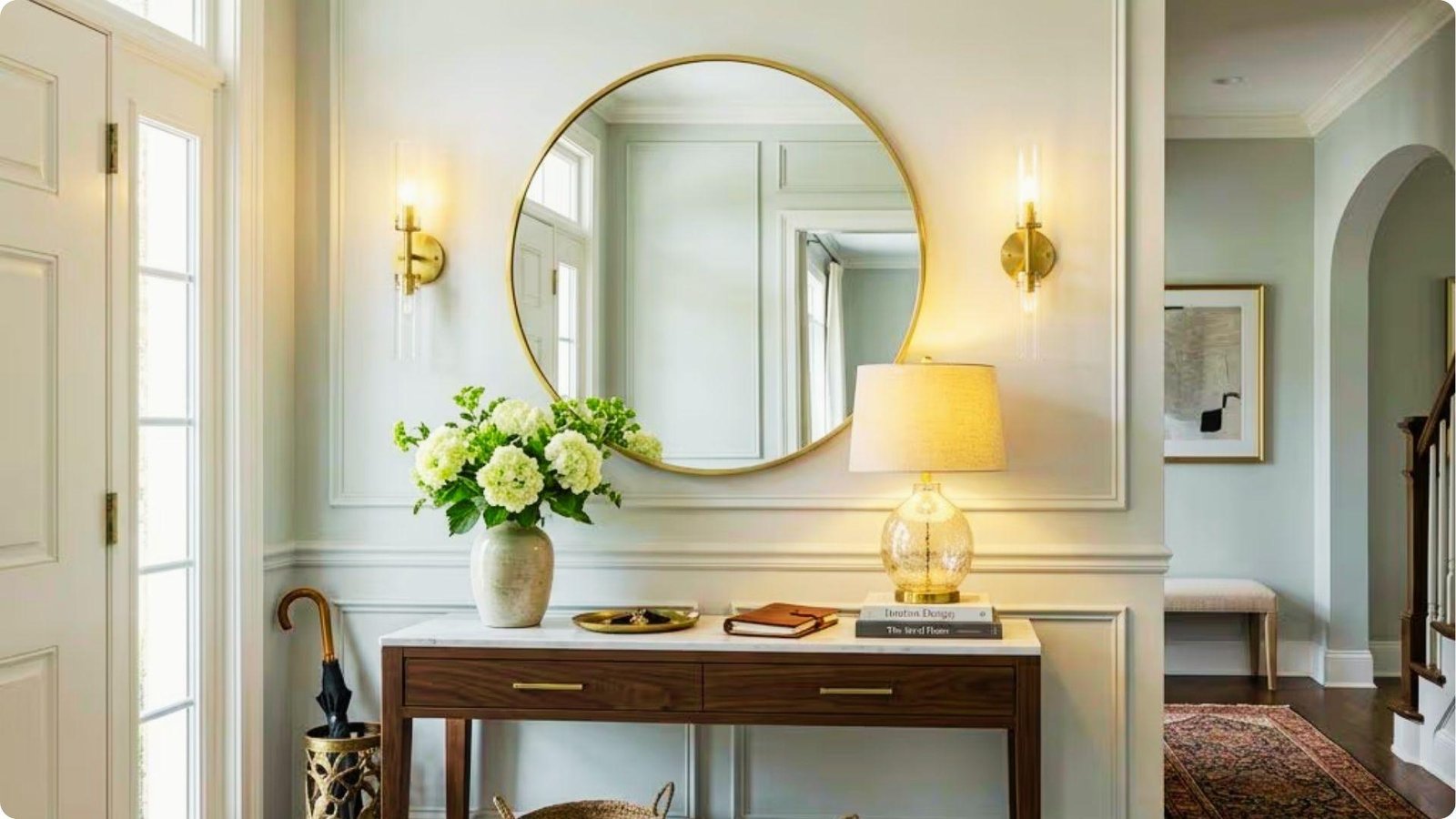 A dark wood console table with marble top sits against a paneled wall under a large round mirror and brass sconces.