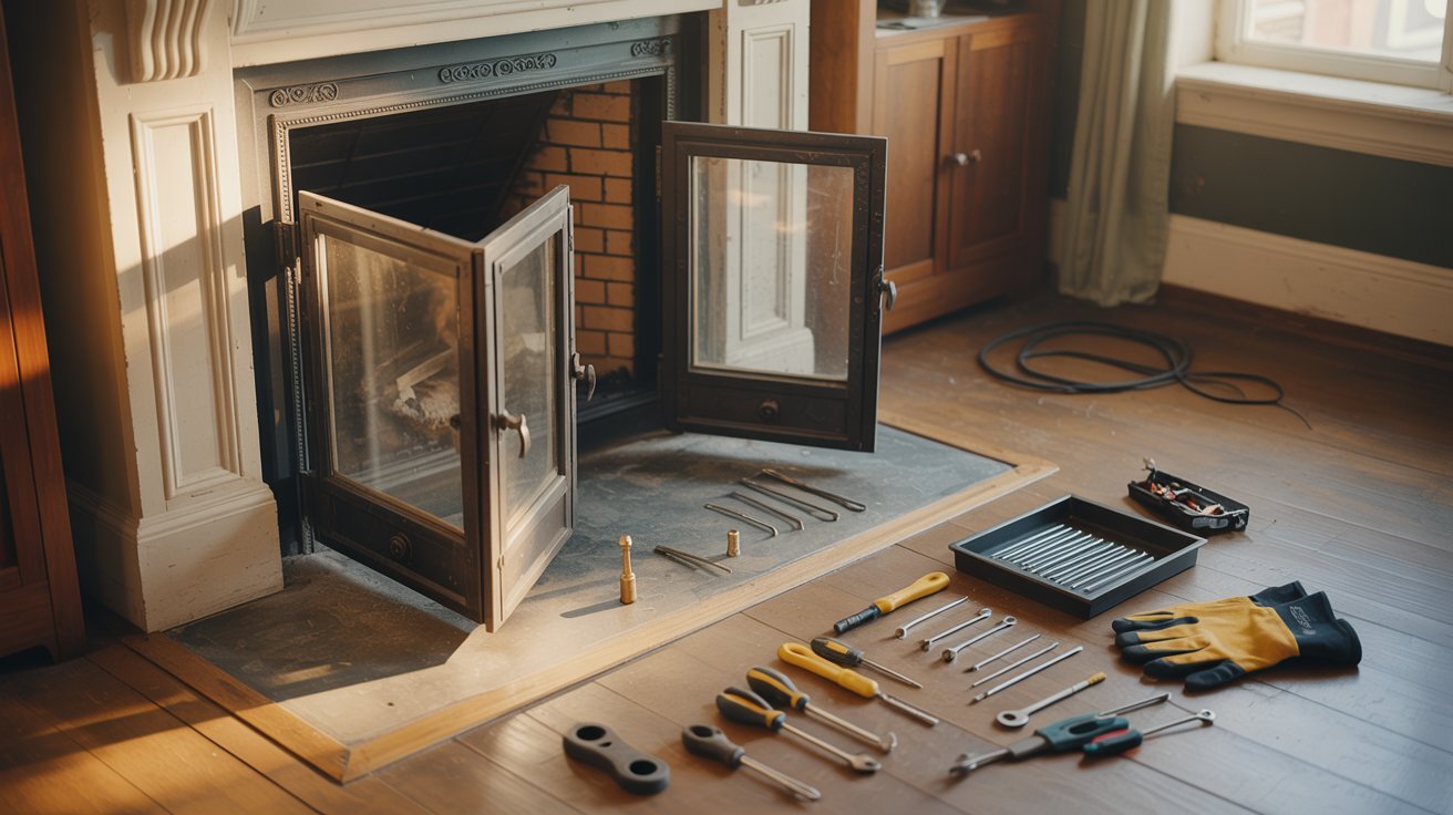 "Prepared fireplace area with tools and safety setup before removing glass doors in a DIY maintenance scene."