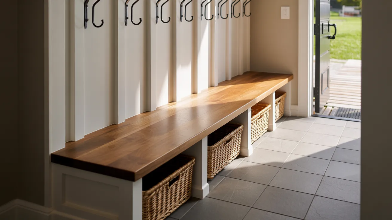 Ultra-realistic mudroom bench showing proper medium depth design with seating space storage baskets and clean modern entryway layout.