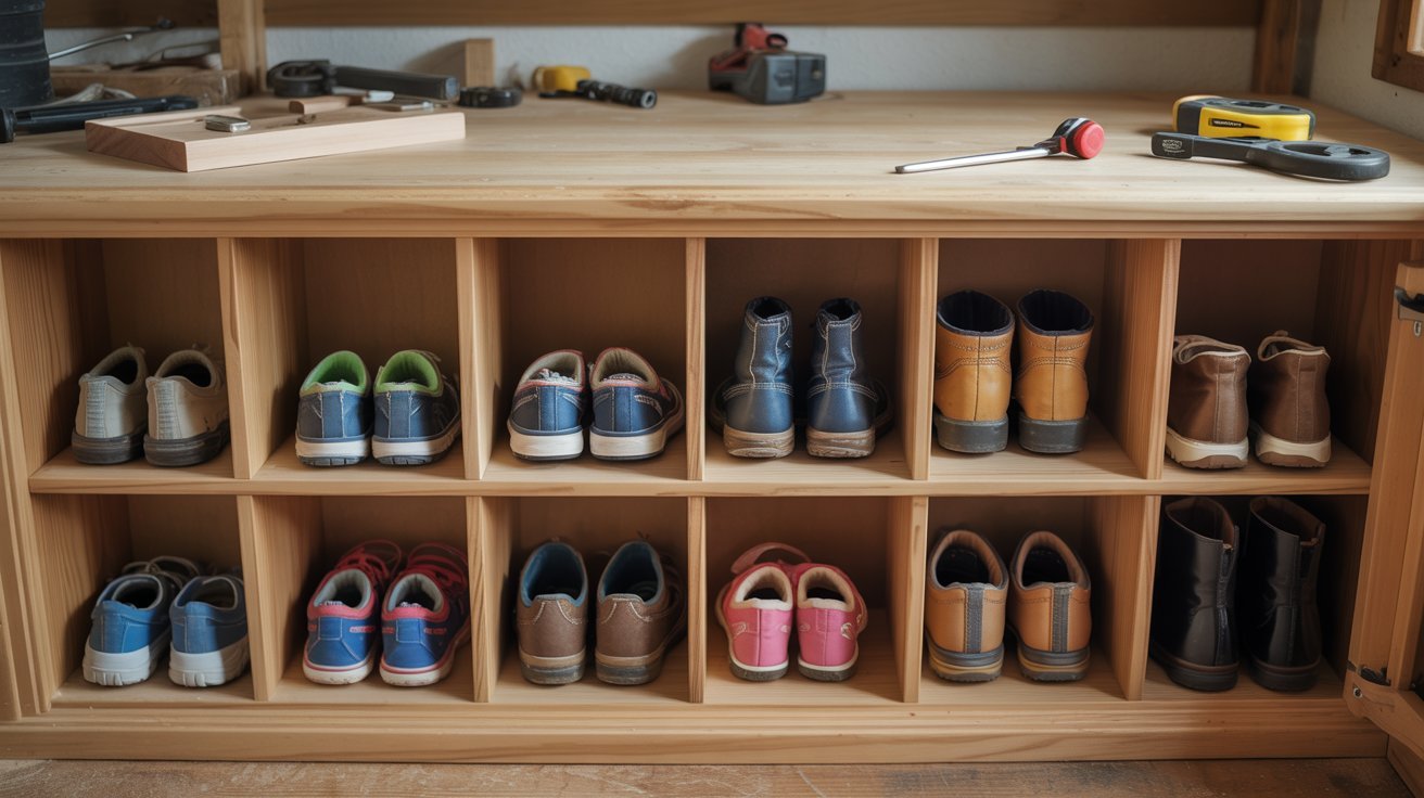 Adding storage cubbies to a DIY mudroom bench