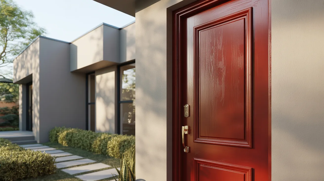 Realistic red front door on modern house showing warmth, energy, and welcoming entrance appeal.