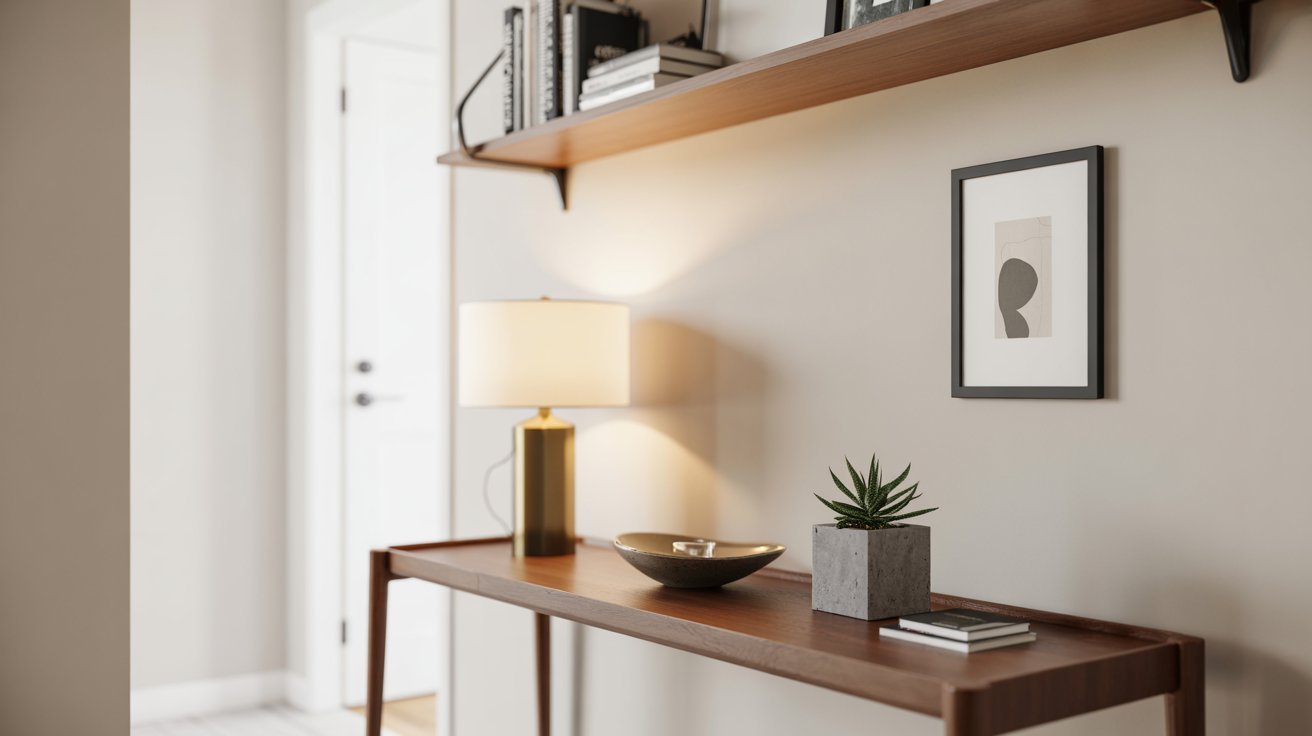 Small condo entryway with a slim console table.