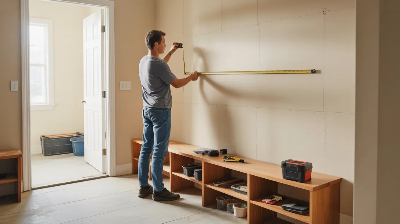 Person measuring a mudroom wall with a tape measure before building a bench.