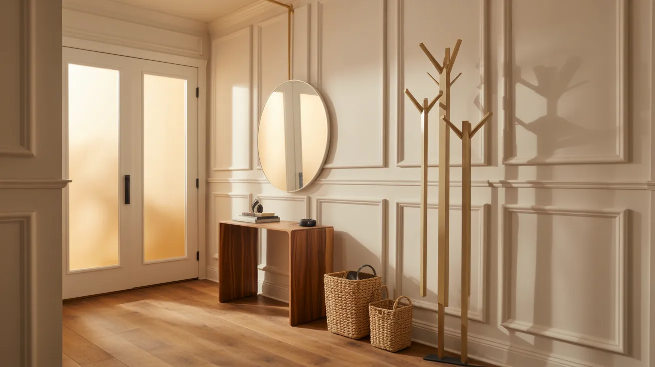 Board and batten entryway with textured walls, stylish decor, durable design, and warm ambiance.