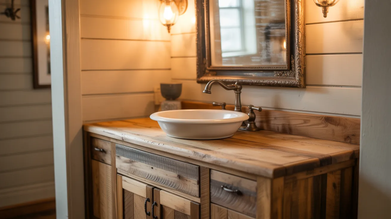 Farmhouse hallway bathroom with wood vanity, black fixtures, and vintage mirror.