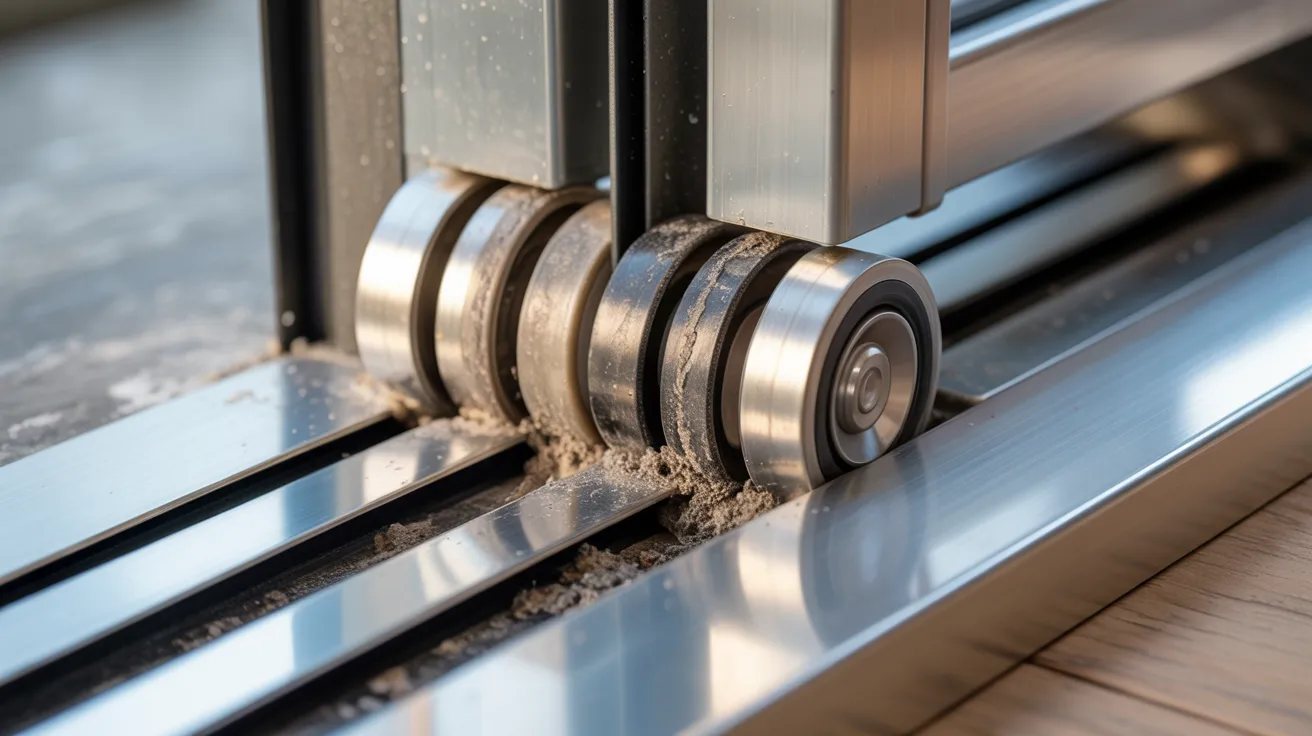 Realistic sliding door rollers slightly misaligned on track showing need for proper adjustment.