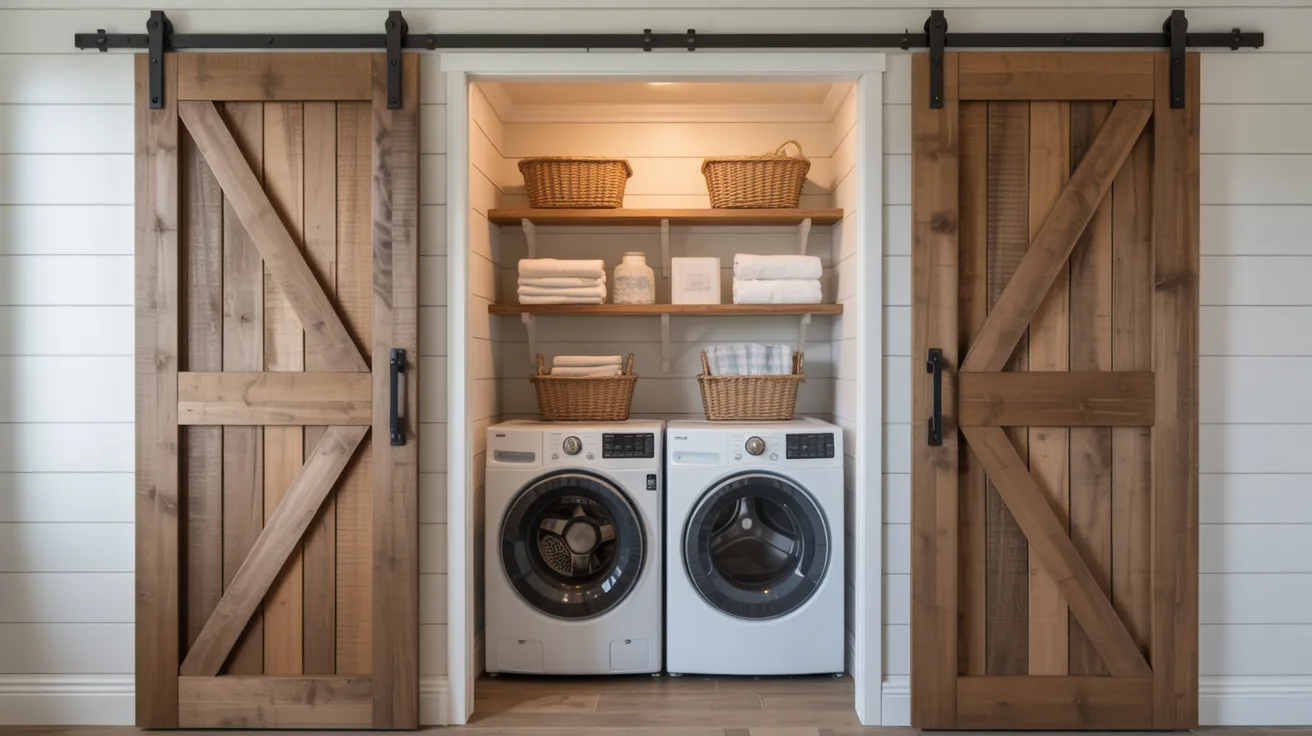 Laundry closet with modern sliding barn doors and black hardware.