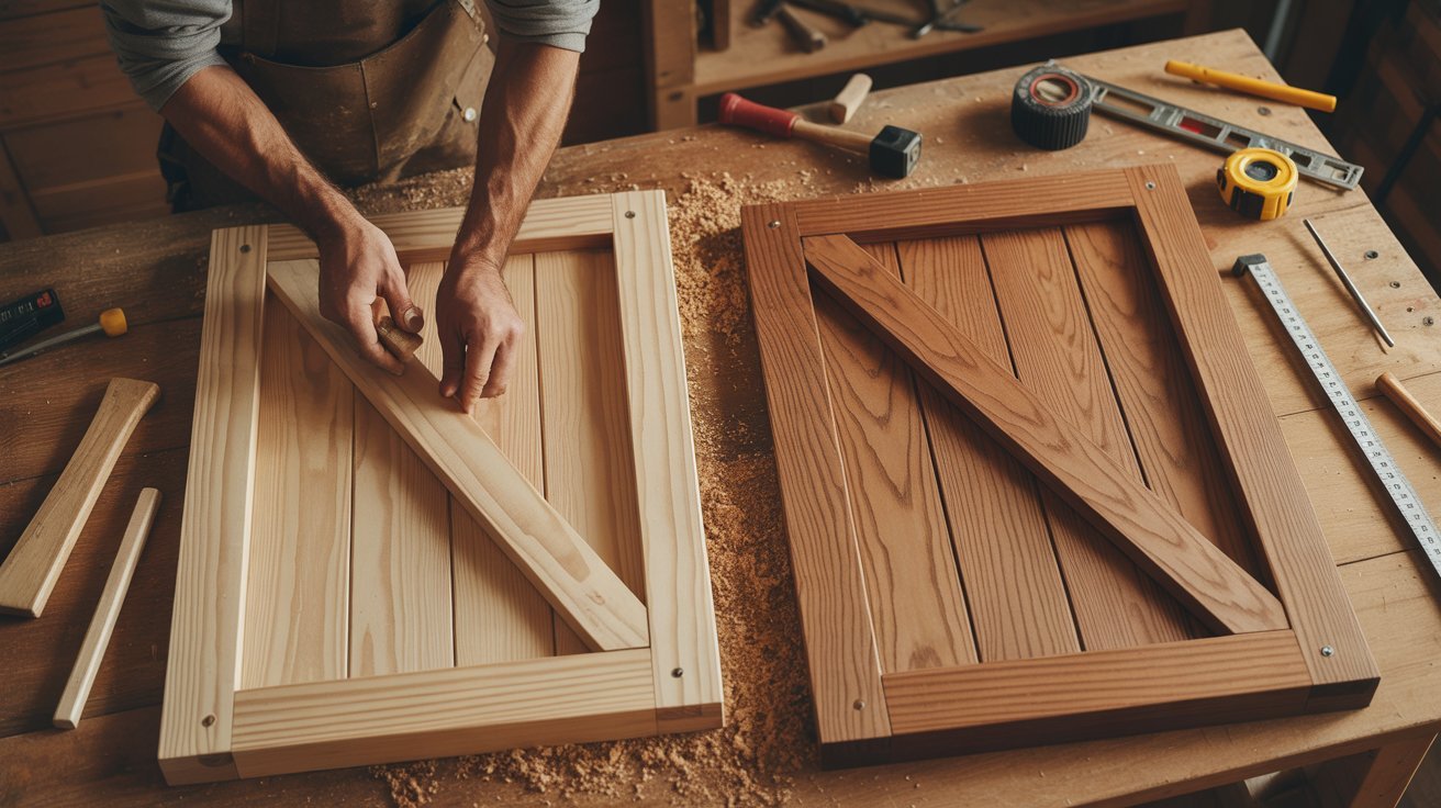 Installing matching wooden panels into double barn door frames securely.