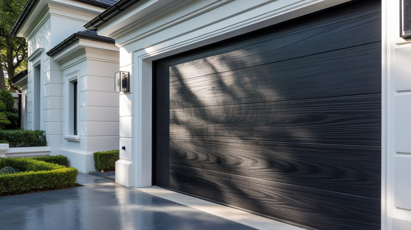 "White house with textured black garage doors featuring woodgrain finish and modern exterior styling."