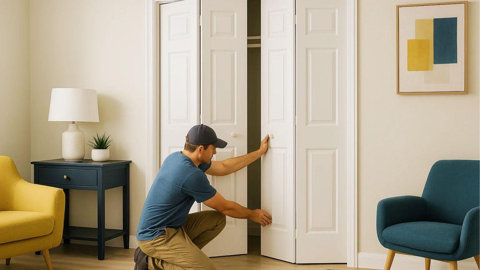 Man kneeling to install white closet bifold doors without bottom track in bedroom