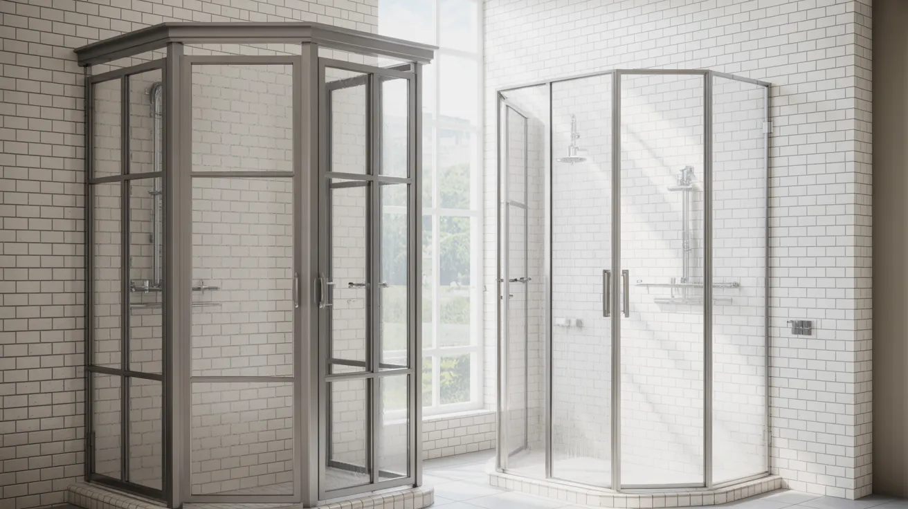Framed vs frameless shower doors comparison showing traditional framed design and modern frameless glass shower in clean bathroom interior.