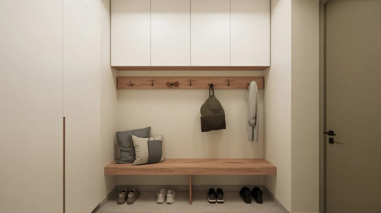 Floating wall-mounted bench in a small mudroom designed to save space and keep the area open.