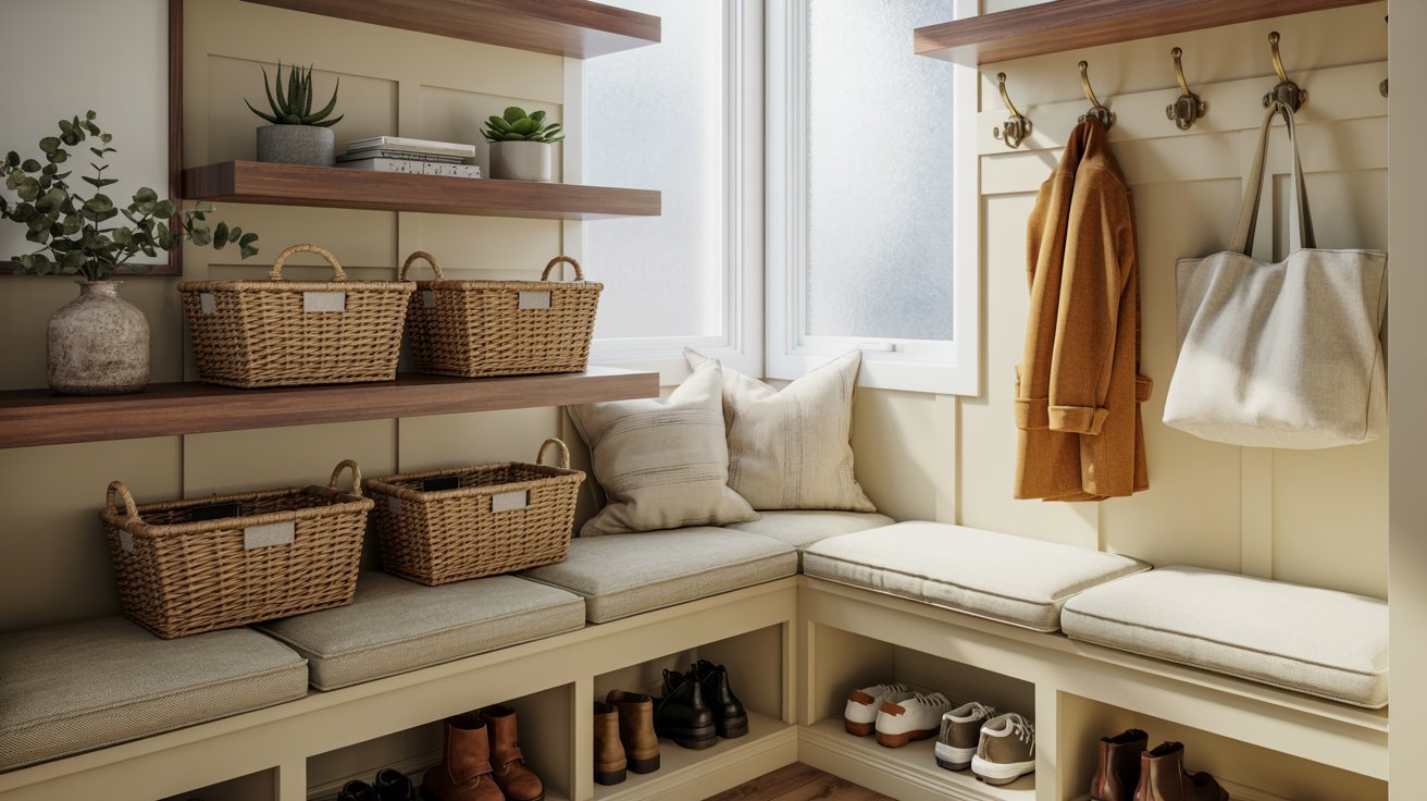 "Mudroom with floating shelves, woven storage baskets, and built-in bench in a stylish organized entryway."