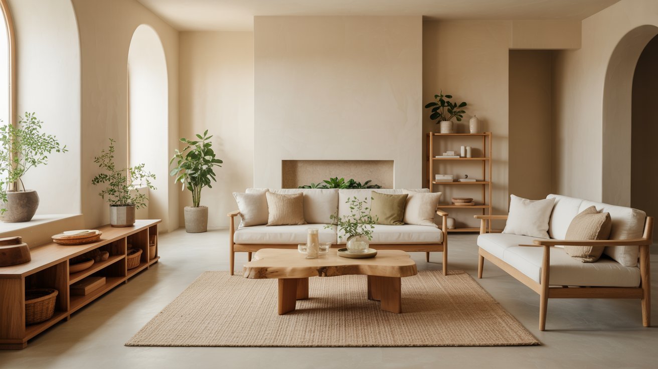 Modern living room designed with balanced feng shui principles and calming neutral decor.