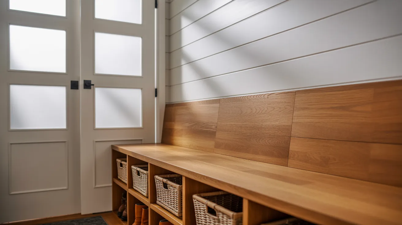 Realistic mudroom bench showing proper depth design for seating comfort and efficient storage in modern home entryway.