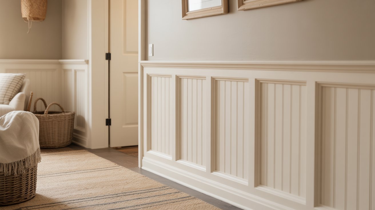 Neutral toned farmhouse board and batten entryway with soft textures.
