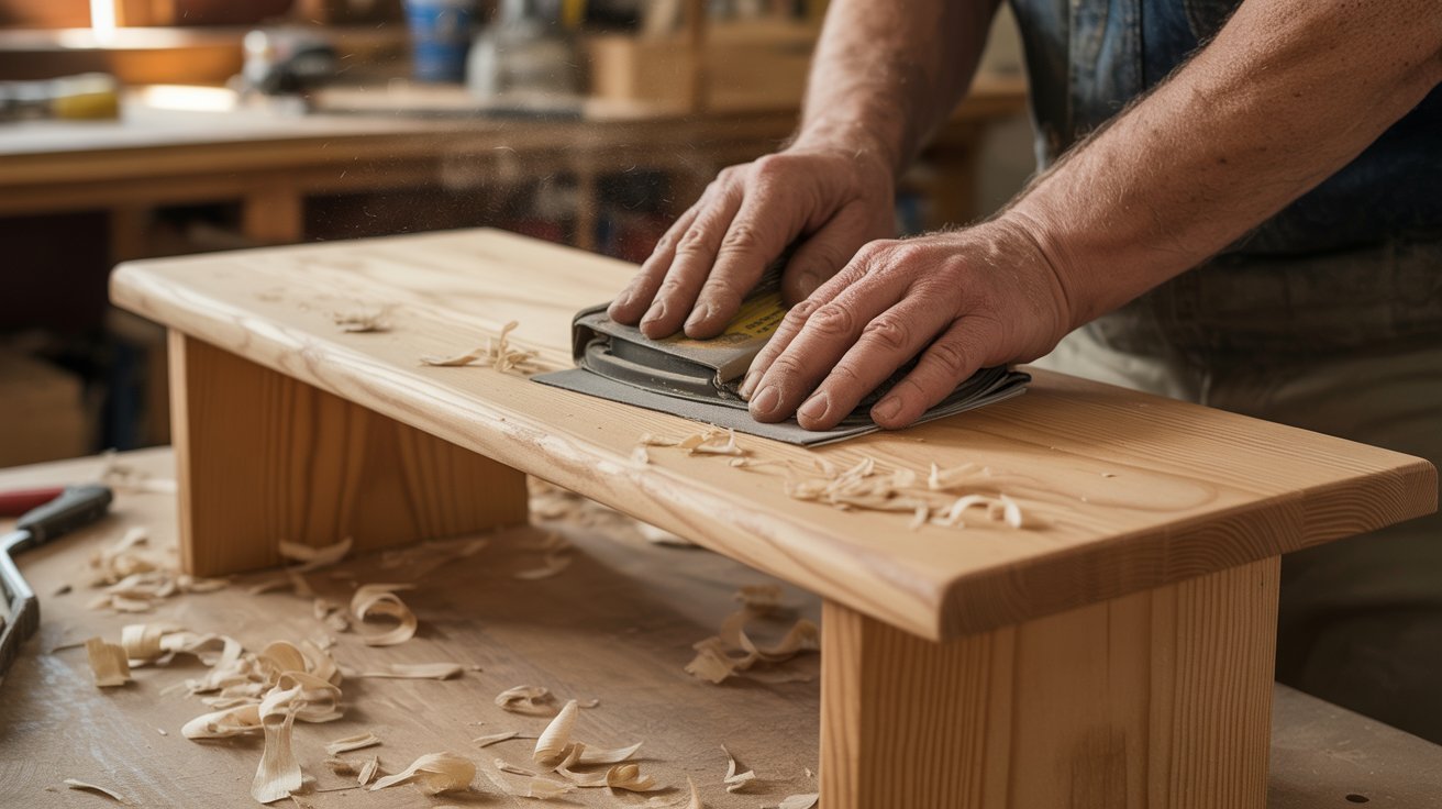 Sanding a DIY mudroom bench before painting