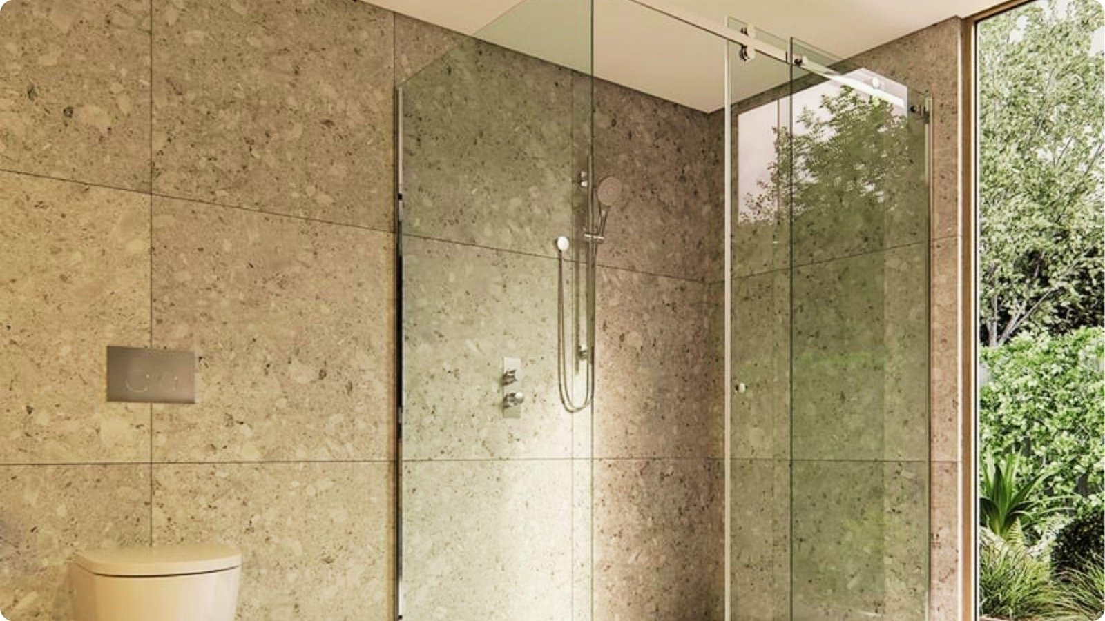 Minimalist bathroom with a floor-to-ceiling semi frameless glass shower using slim metal framing on one side.