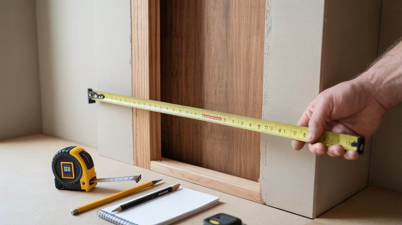 Door width measurement process showing slab, frame, and rough opening comparison using tape measure in modern interior